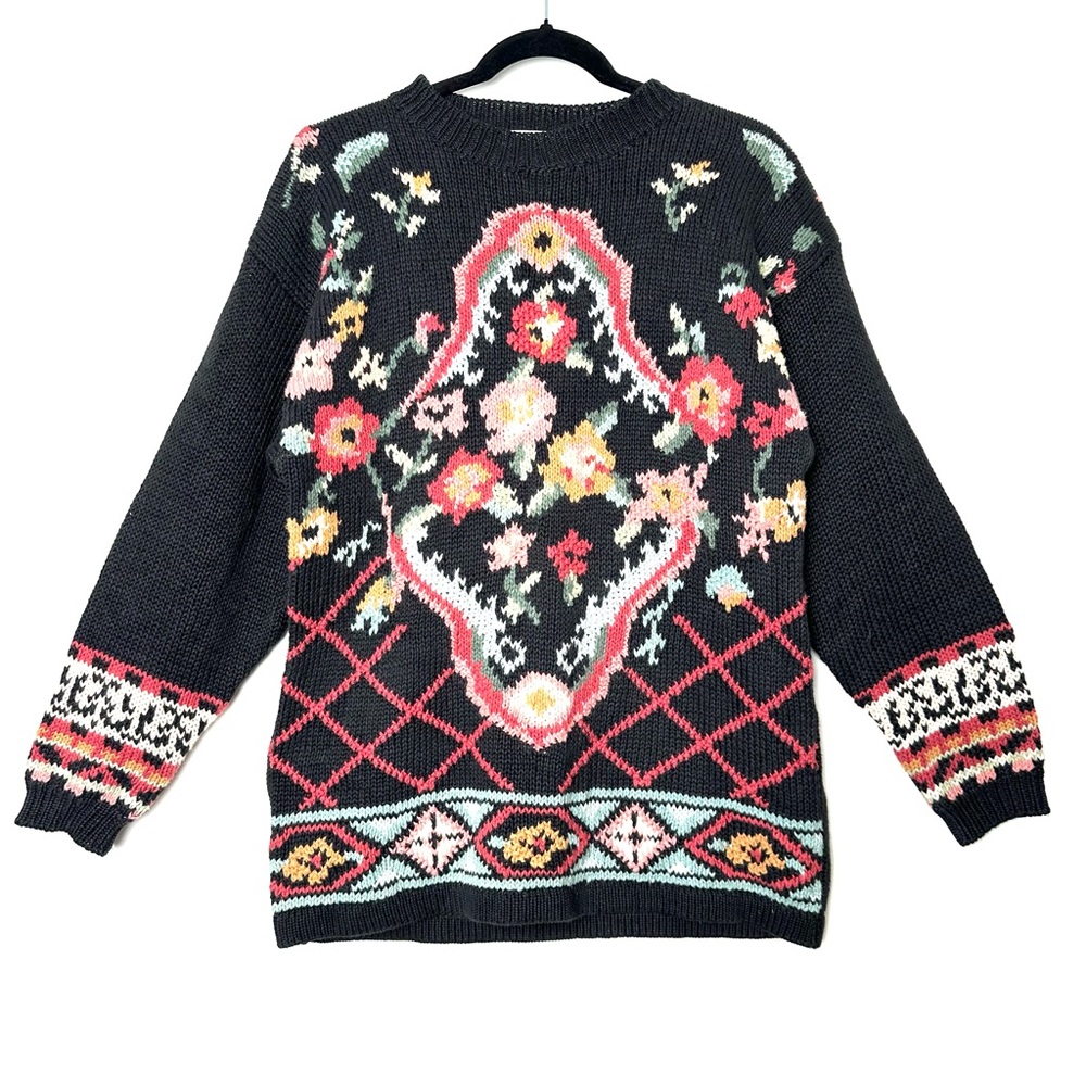 Vintage Grannycore Floral Sweater Cozycore Hand Knit Cottagecore Kitschy Retro